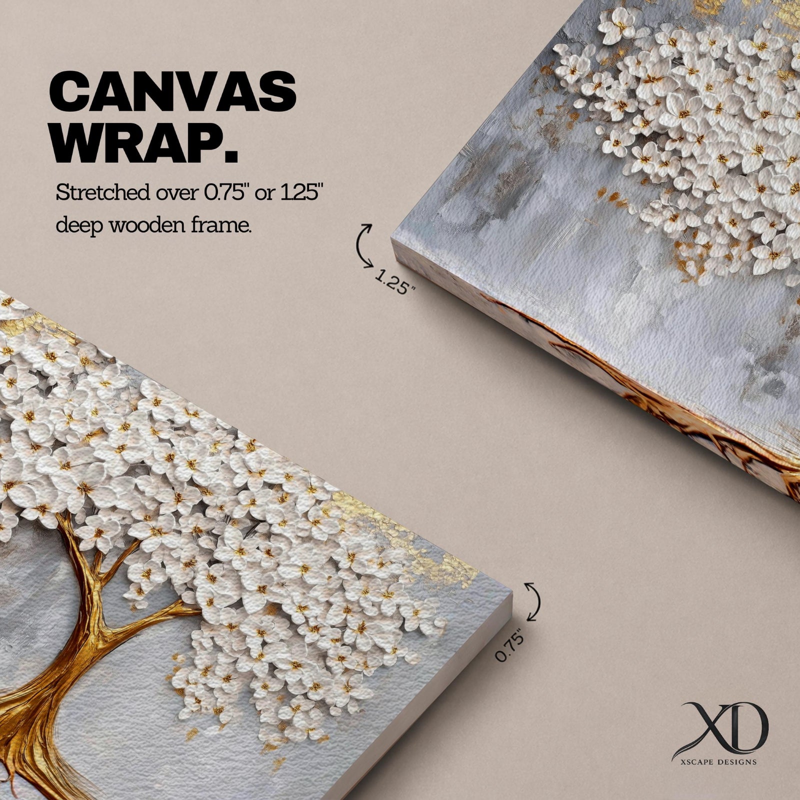 Panoramic artwork of a white blossoming tree with a flowing golden trunk and roots spreading across a textured gray background symbolizing the tree of life.