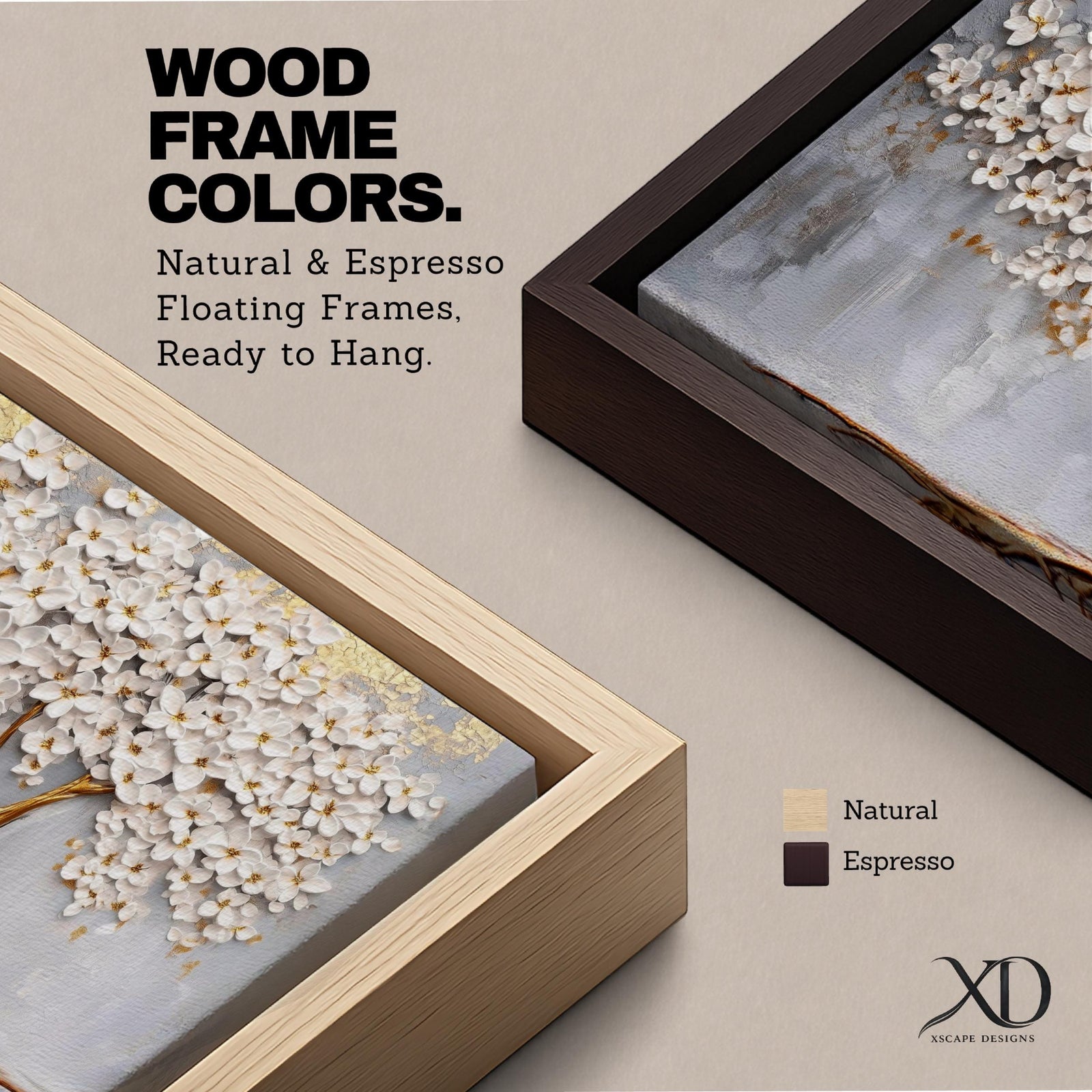 Panoramic artwork of a white blossoming tree with a flowing golden trunk and roots spreading across a textured gray background symbolizing the tree of life.
