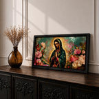 Panoramic painting of the Virgin Mary with hands in prayer surrounded by colorful flowers and a radiant golden halo in a devotional Catholic composition.