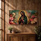 Panoramic painting of the Virgin Mary with hands in prayer surrounded by colorful flowers and a radiant golden halo in a devotional Catholic composition.