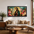 Panoramic painting of the Virgin Mary with hands in prayer surrounded by colorful flowers and a radiant golden halo in a devotional Catholic composition.