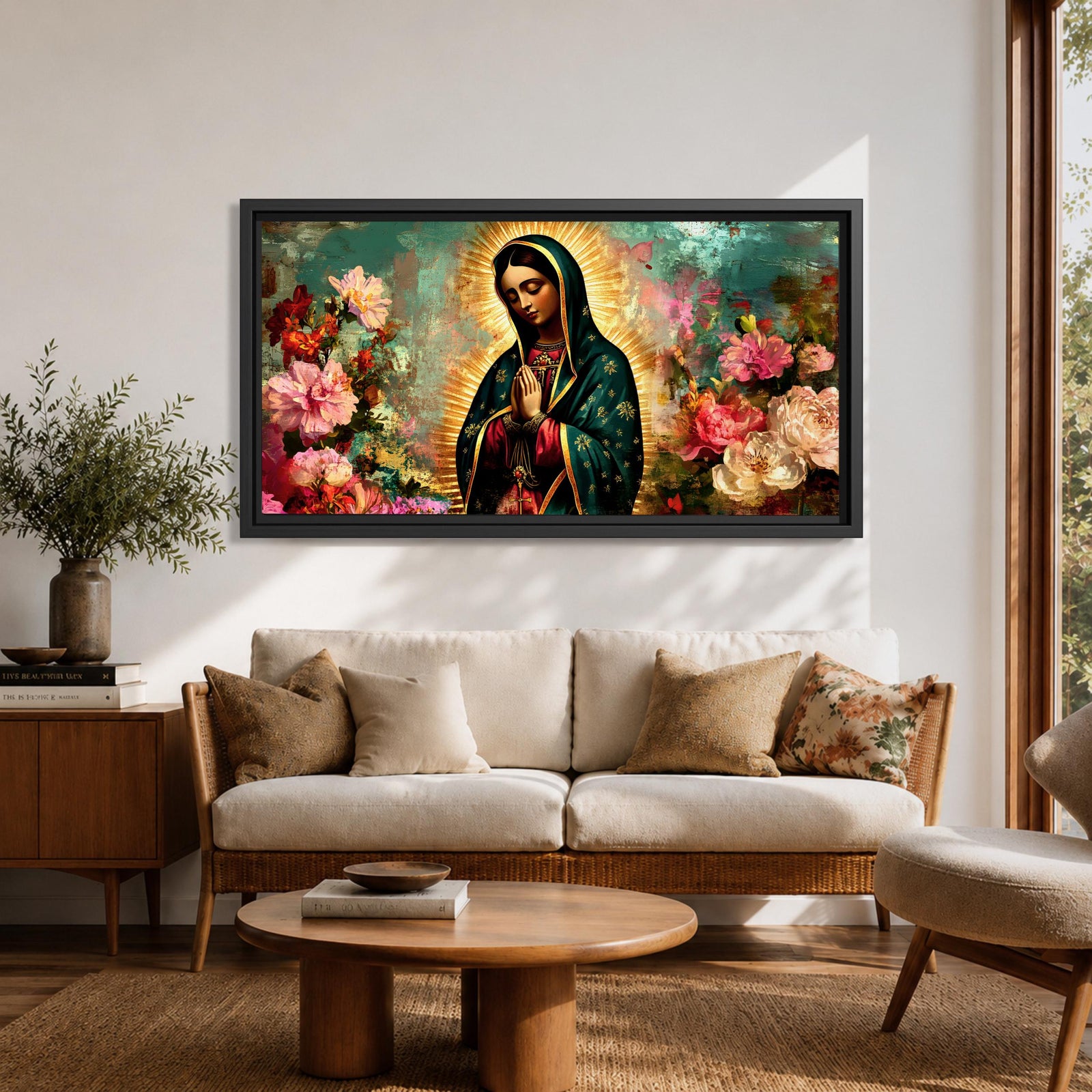 Panoramic painting of the Virgin Mary with hands in prayer surrounded by colorful flowers and a radiant golden halo in a devotional Catholic composition.