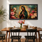 Panoramic painting of the Virgin Mary with hands in prayer surrounded by colorful flowers and a radiant golden halo in a devotional Catholic composition.