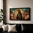Panoramic painting of the Virgin Mary with hands in prayer surrounded by colorful flowers and a radiant golden halo in a devotional Catholic composition.