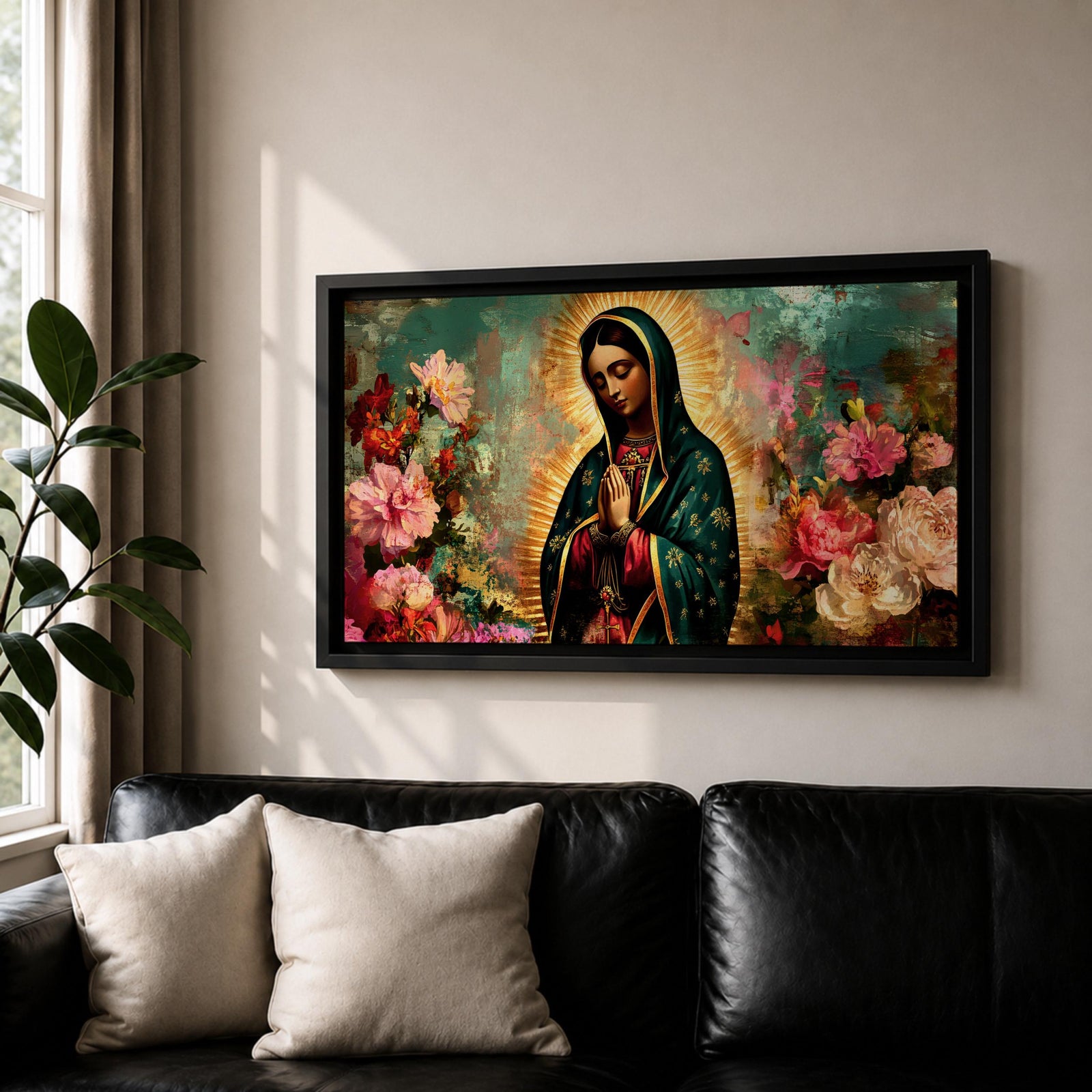 Panoramic painting of the Virgin Mary with hands in prayer surrounded by colorful flowers and a radiant golden halo in a devotional Catholic composition.