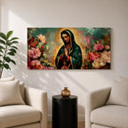 Panoramic painting of the Virgin Mary with hands in prayer surrounded by colorful flowers and a radiant golden halo in a devotional Catholic composition.