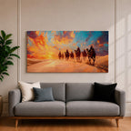 Panoramic painting of a camel caravan traveling across golden desert dunes at sunset with riders silhouetted beneath a vibrant dramatic sky.