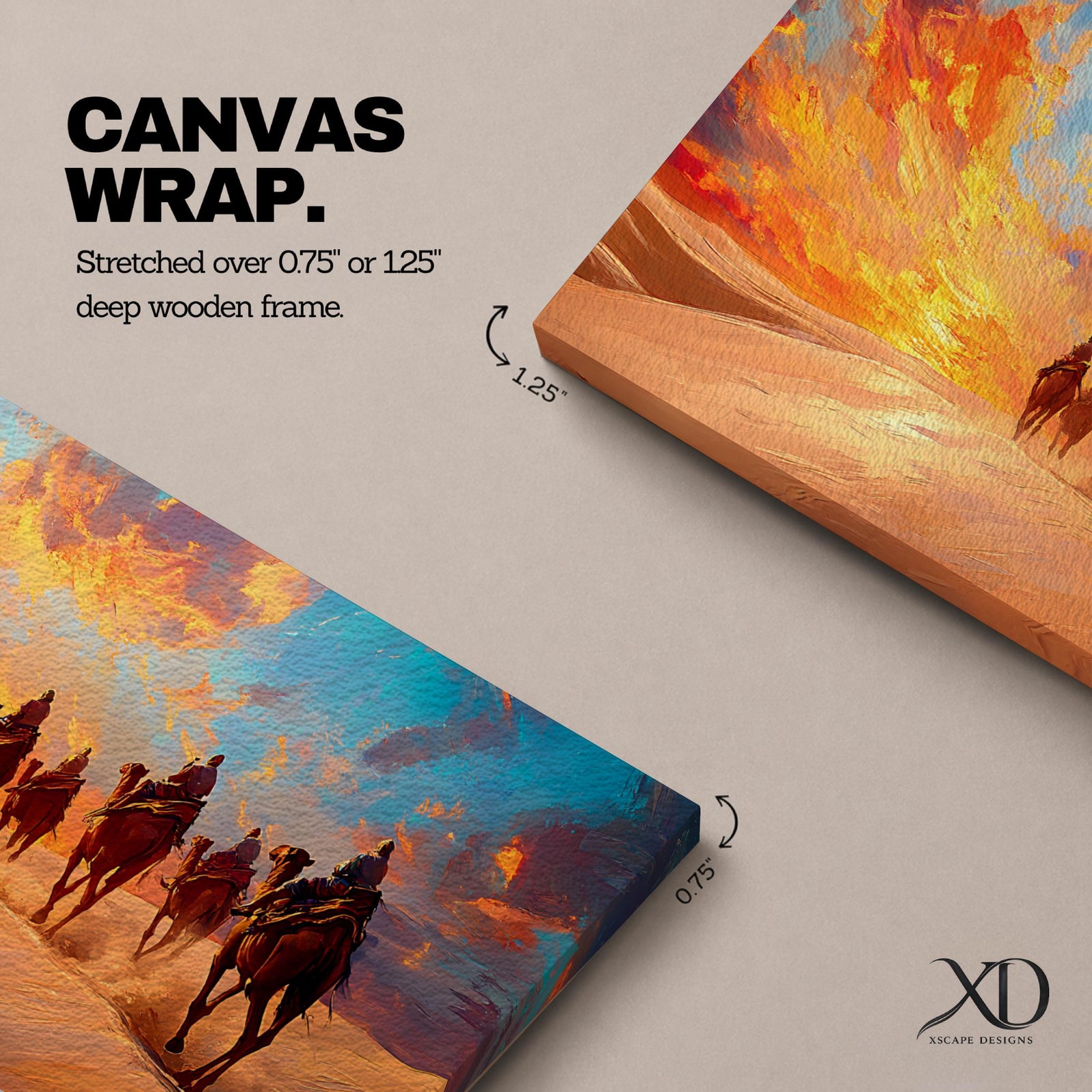 Panoramic painting of a camel caravan traveling across golden desert dunes at sunset with riders silhouetted beneath a vibrant dramatic sky.