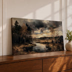 Panoramic painting of a quiet autumn river flowing through woodland trees beneath dramatic moody clouds in a peaceful countryside landscape.