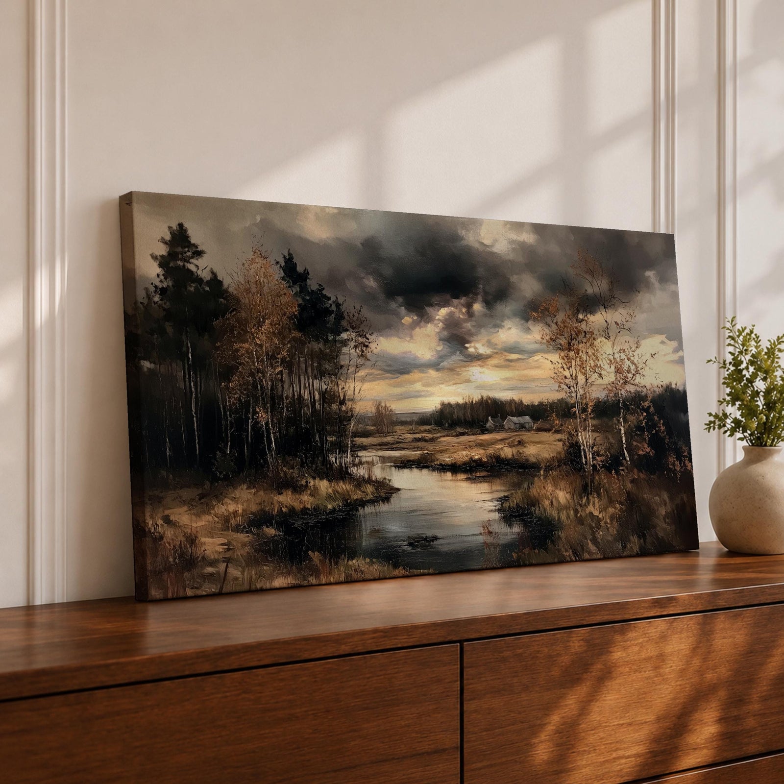 Panoramic painting of a quiet autumn river flowing through woodland trees beneath dramatic moody clouds in a peaceful countryside landscape.