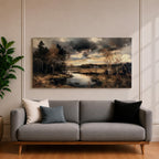 Panoramic painting of a quiet autumn river flowing through woodland trees beneath dramatic moody clouds in a peaceful countryside landscape.