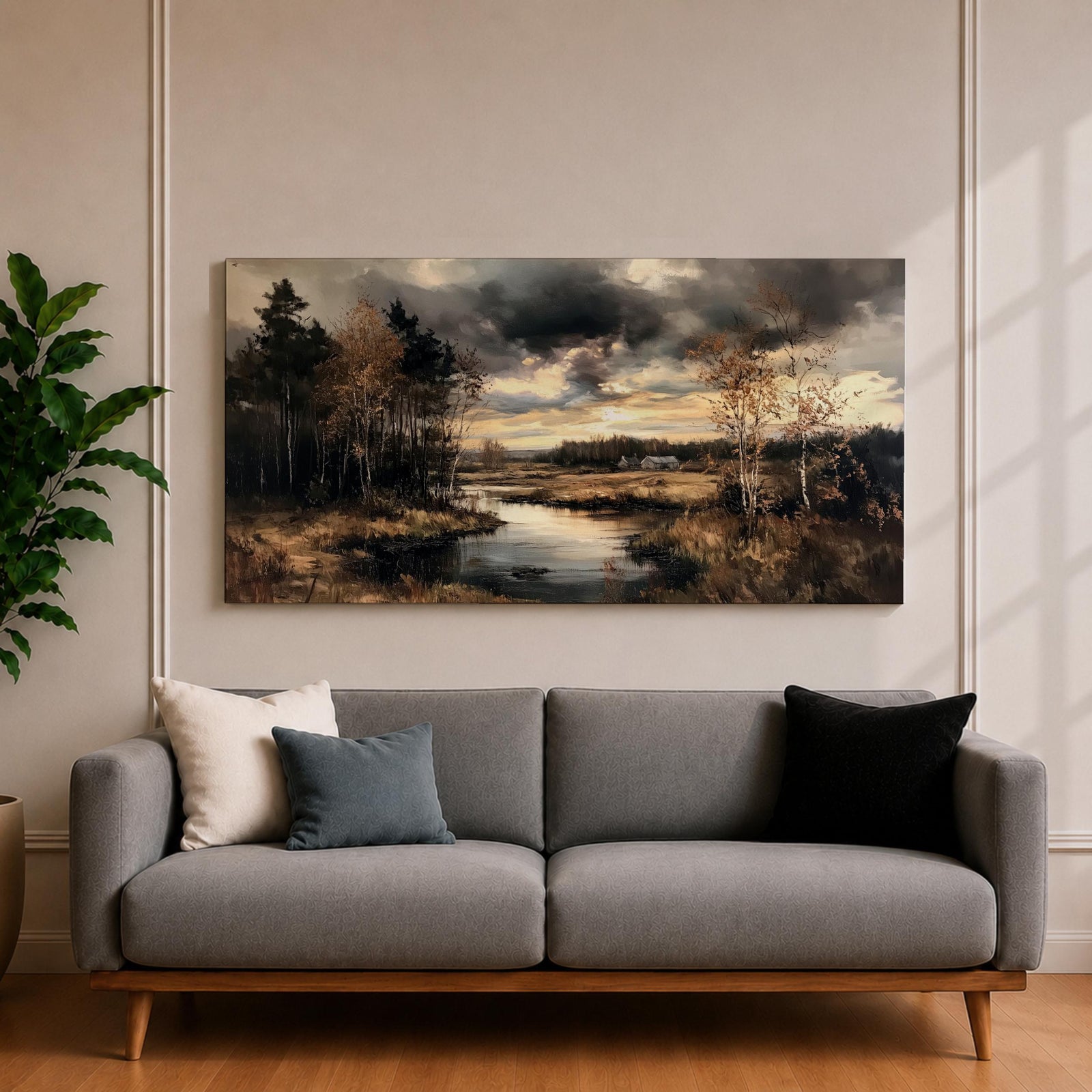 Panoramic painting of a quiet autumn river flowing through woodland trees beneath dramatic moody clouds in a peaceful countryside landscape.