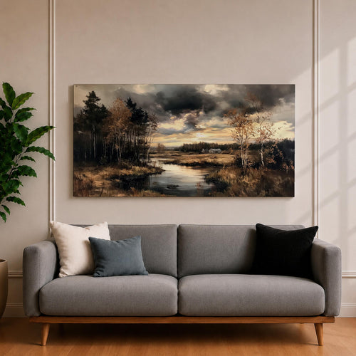 Panoramic painting of a quiet autumn river flowing through woodland trees beneath dramatic moody clouds in a peaceful countryside landscape.