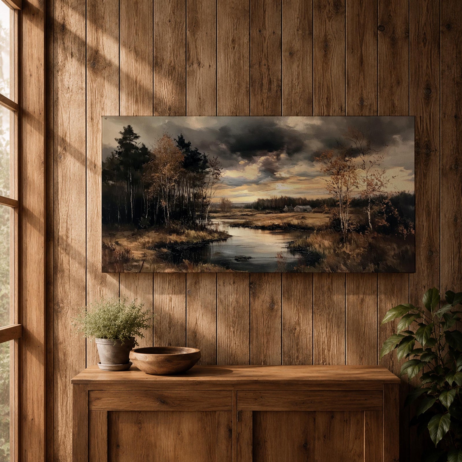 Panoramic painting of a quiet autumn river flowing through woodland trees beneath dramatic moody clouds in a peaceful countryside landscape.