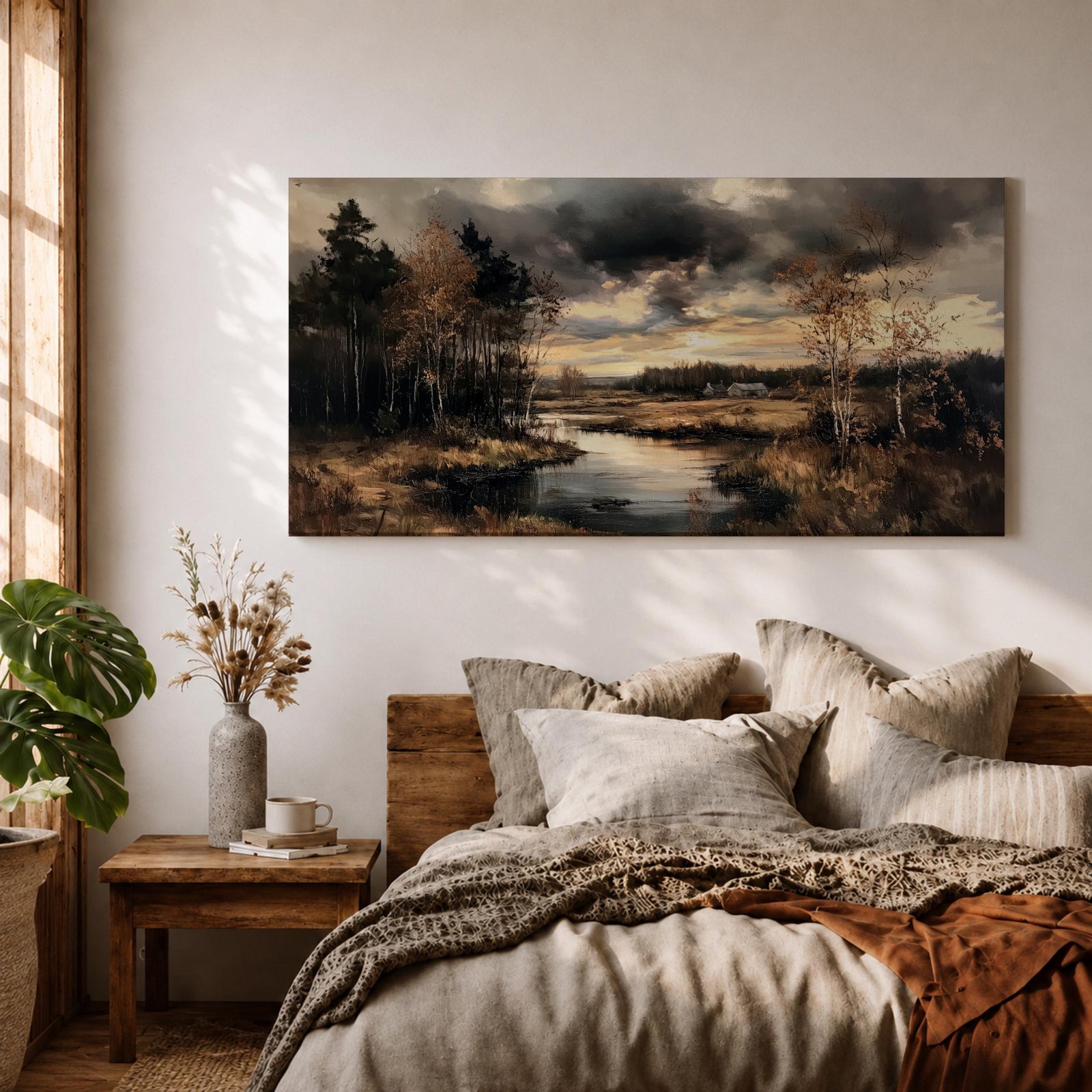 Panoramic painting of a quiet autumn river flowing through woodland trees beneath dramatic moody clouds in a peaceful countryside landscape.