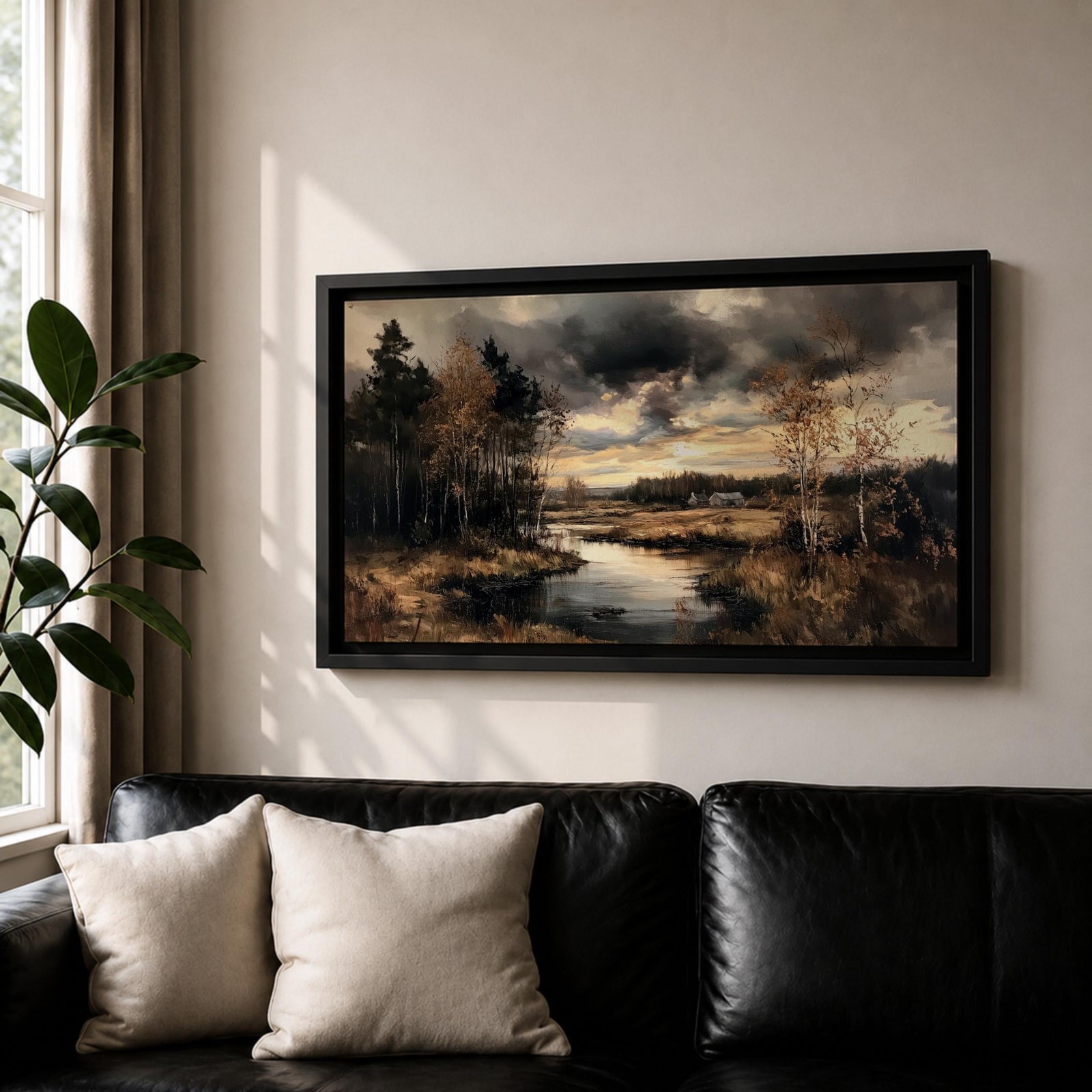 Panoramic painting of a quiet autumn river flowing through woodland trees beneath dramatic moody clouds in a peaceful countryside landscape.