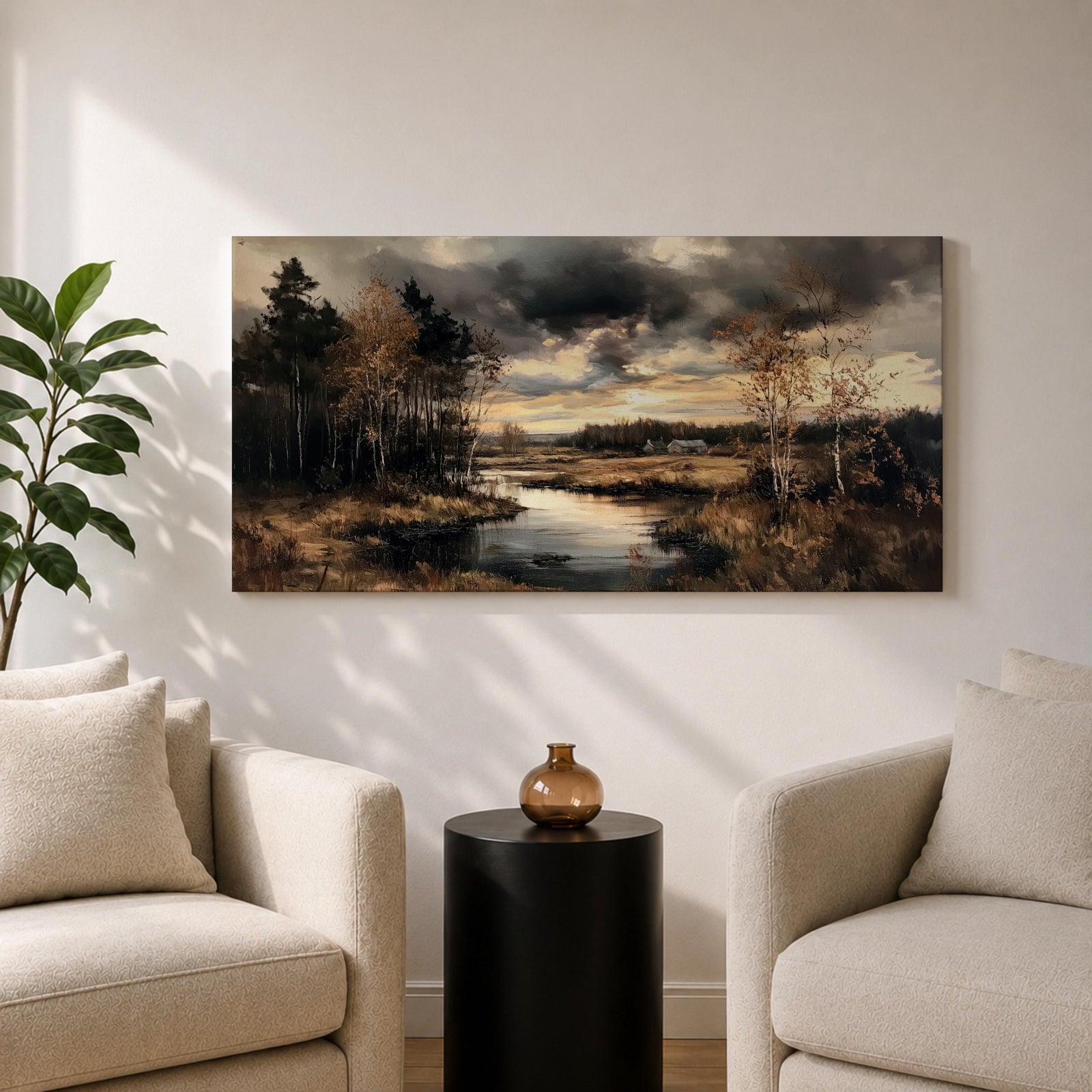 Panoramic painting of a quiet autumn river flowing through woodland trees beneath dramatic moody clouds in a peaceful countryside landscape.