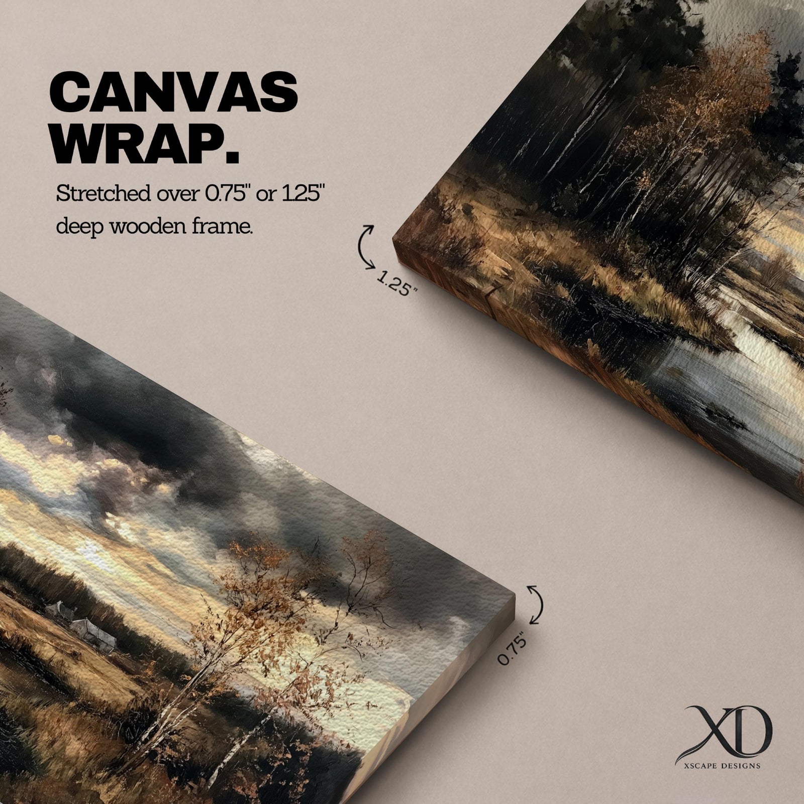 Panoramic painting of a quiet autumn river flowing through woodland trees beneath dramatic moody clouds in a peaceful countryside landscape.