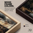 Panoramic painting of a quiet autumn river flowing through woodland trees beneath dramatic moody clouds in a peaceful countryside landscape.