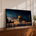 Panoramic night view of the Dome of the Rock illuminated beneath a starry sky within the sacred Haram al-Sharif complex in Jerusalem.