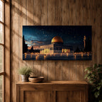 Panoramic night view of the Dome of the Rock illuminated beneath a starry sky within the sacred Haram al-Sharif complex in Jerusalem.