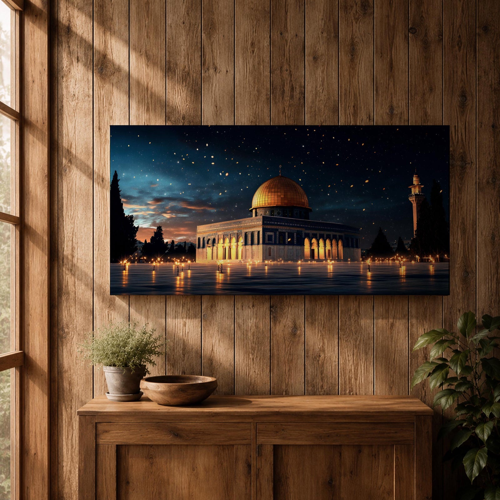 Panoramic night view of the Dome of the Rock illuminated beneath a starry sky within the sacred Haram al-Sharif complex in Jerusalem.