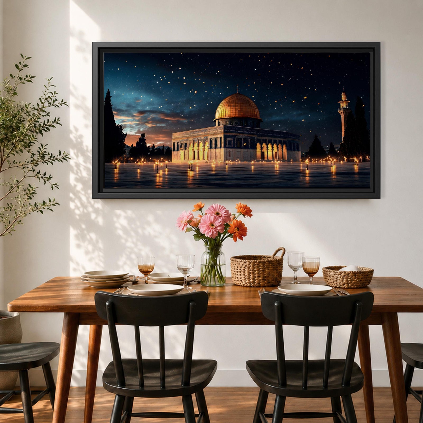 Panoramic night view of the Dome of the Rock illuminated beneath a starry sky within the sacred Haram al-Sharif complex in Jerusalem.