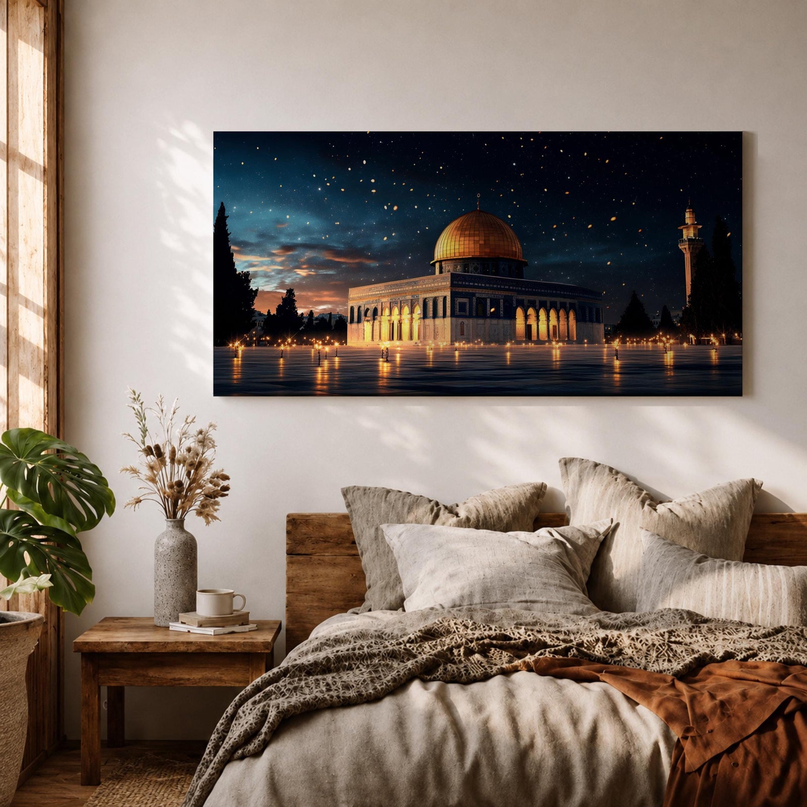Panoramic night view of the Dome of the Rock illuminated beneath a starry sky within the sacred Haram al-Sharif complex in Jerusalem.