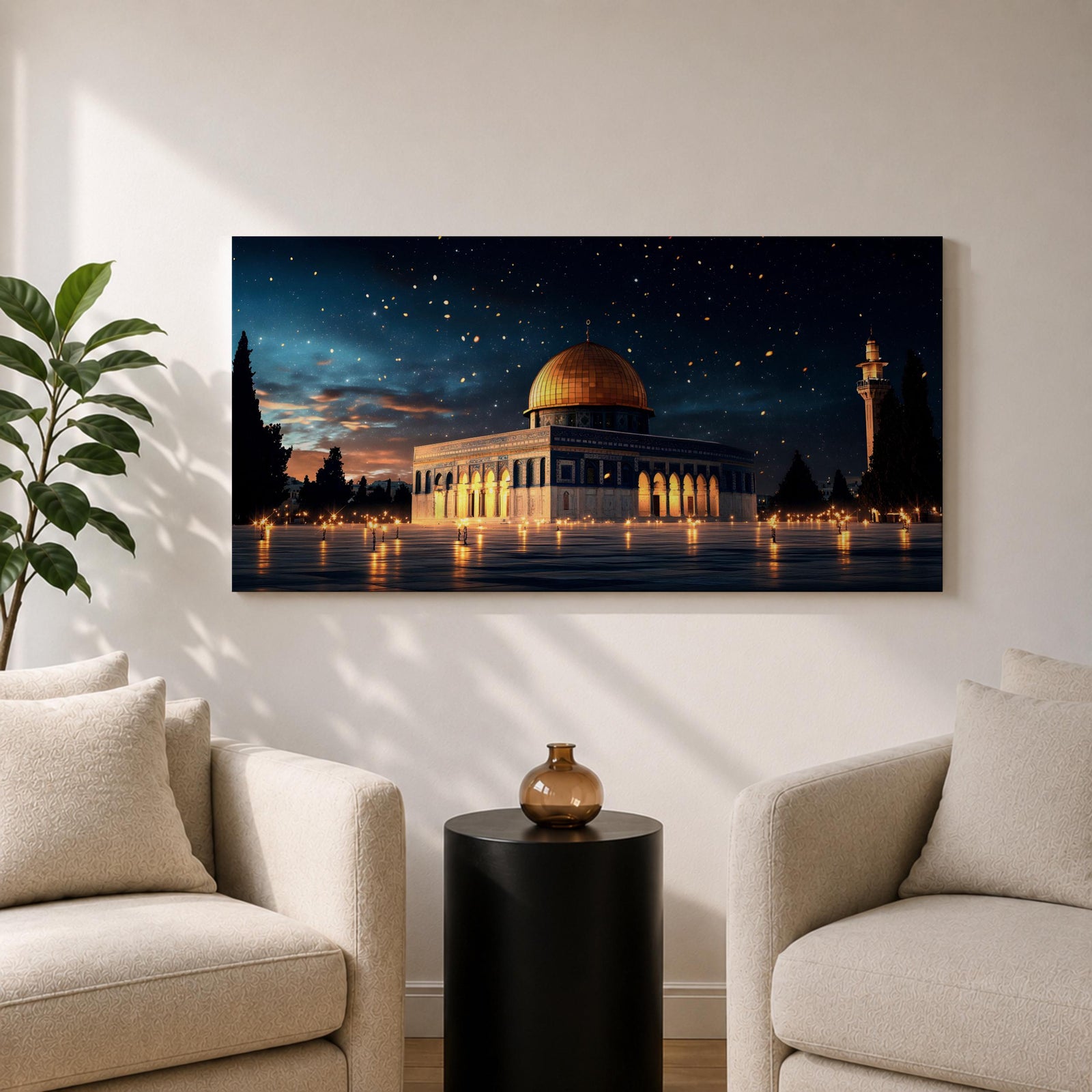 Panoramic night view of the Dome of the Rock illuminated beneath a starry sky within the sacred Haram al-Sharif complex in Jerusalem.