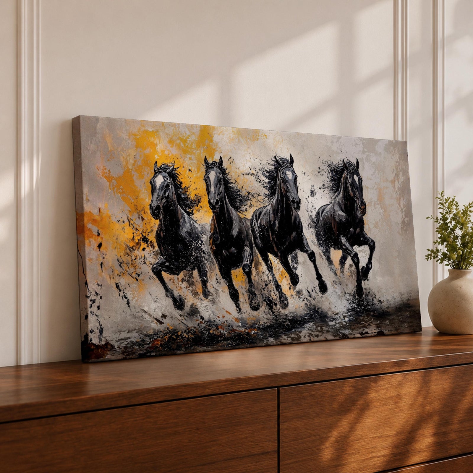 Panoramic painting of powerful black horses galloping forward through splashing water with dramatic abstract gold accents.