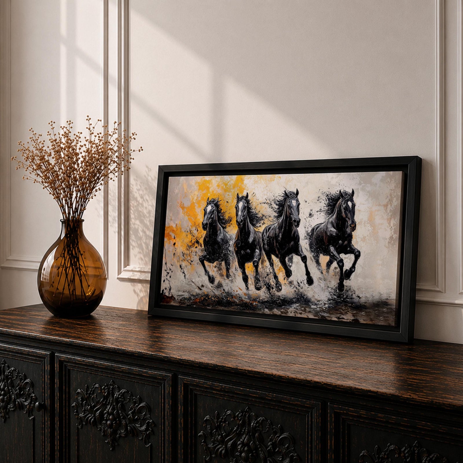 Panoramic painting of powerful black horses galloping forward through splashing water with dramatic abstract gold accents.