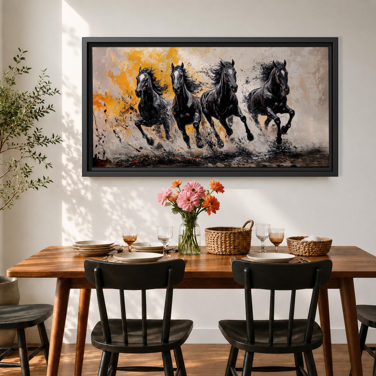 Panoramic painting of powerful black horses galloping forward through splashing water with dramatic abstract gold accents.