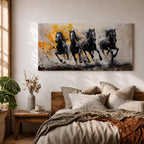 Panoramic painting of powerful black horses galloping forward through splashing water with dramatic abstract gold accents.