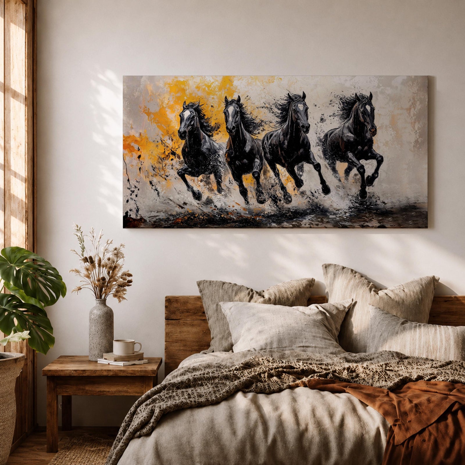 Panoramic painting of powerful black horses galloping forward through splashing water with dramatic abstract gold accents.