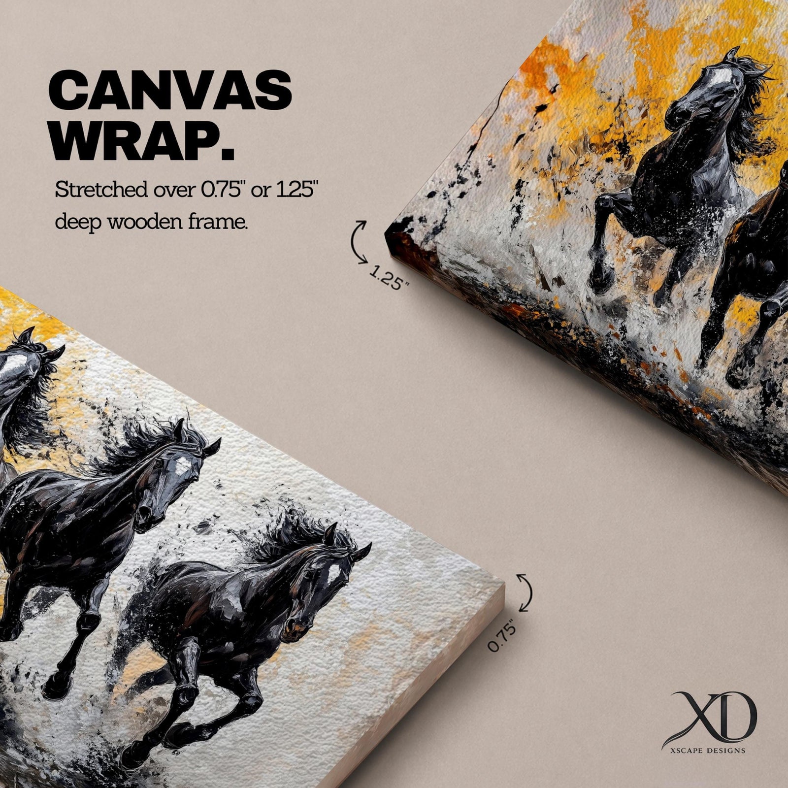 Panoramic painting of powerful black horses galloping forward through splashing water with dramatic abstract gold accents.