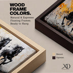 Panoramic painting of powerful black horses galloping forward through splashing water with dramatic abstract gold accents.