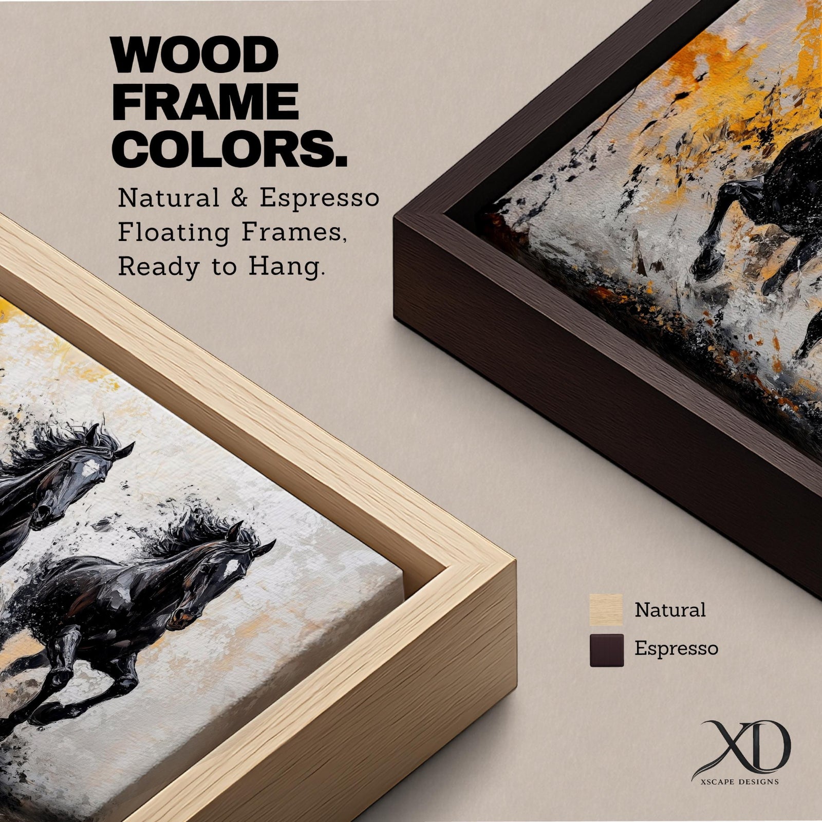 Panoramic painting of powerful black horses galloping forward through splashing water with dramatic abstract gold accents.