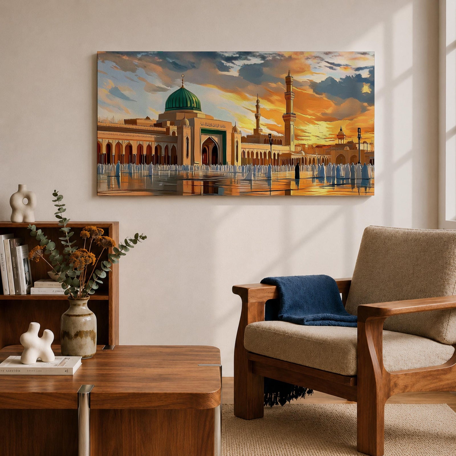 Panoramic painting of Al Masjid an Nabawi in Medina featuring the iconic green dome rising above the mosque courtyard with surrounding arcades and tall minarets. Pilgrims gather across the reflective marble plaza while dramatic sunset clouds illuminate the historic Islamic architecture.