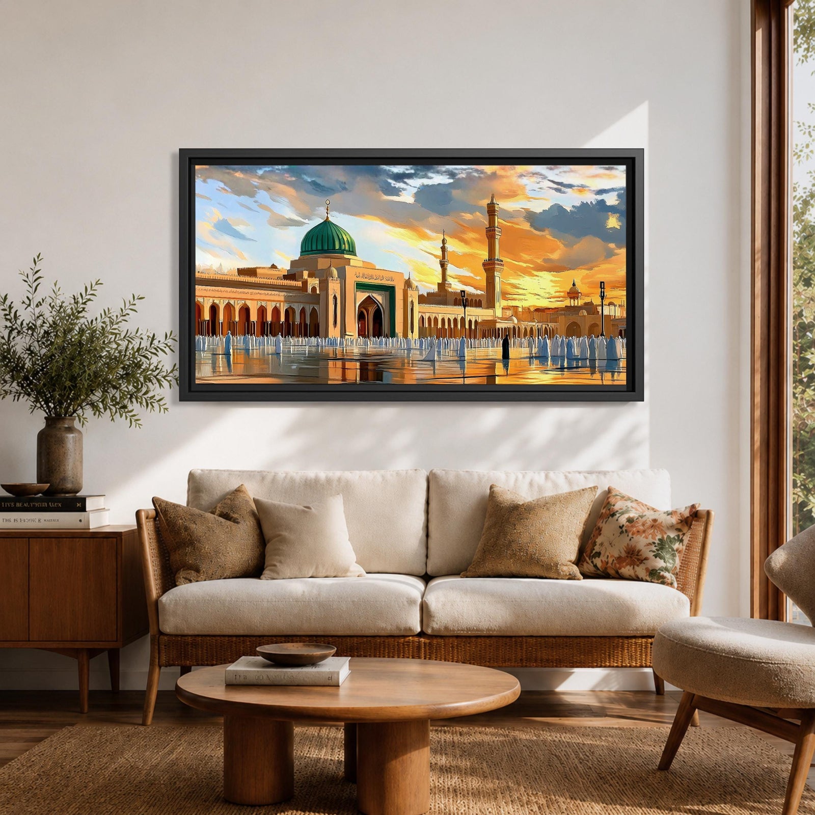 Panoramic painting of Al Masjid an Nabawi in Medina featuring the iconic green dome rising above the mosque courtyard with surrounding arcades and tall minarets. Pilgrims gather across the reflective marble plaza while dramatic sunset clouds illuminate the historic Islamic architecture.