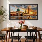 Panoramic painting of Al Masjid an Nabawi in Medina featuring the iconic green dome rising above the mosque courtyard with surrounding arcades and tall minarets. Pilgrims gather across the reflective marble plaza while dramatic sunset clouds illuminate the historic Islamic architecture.