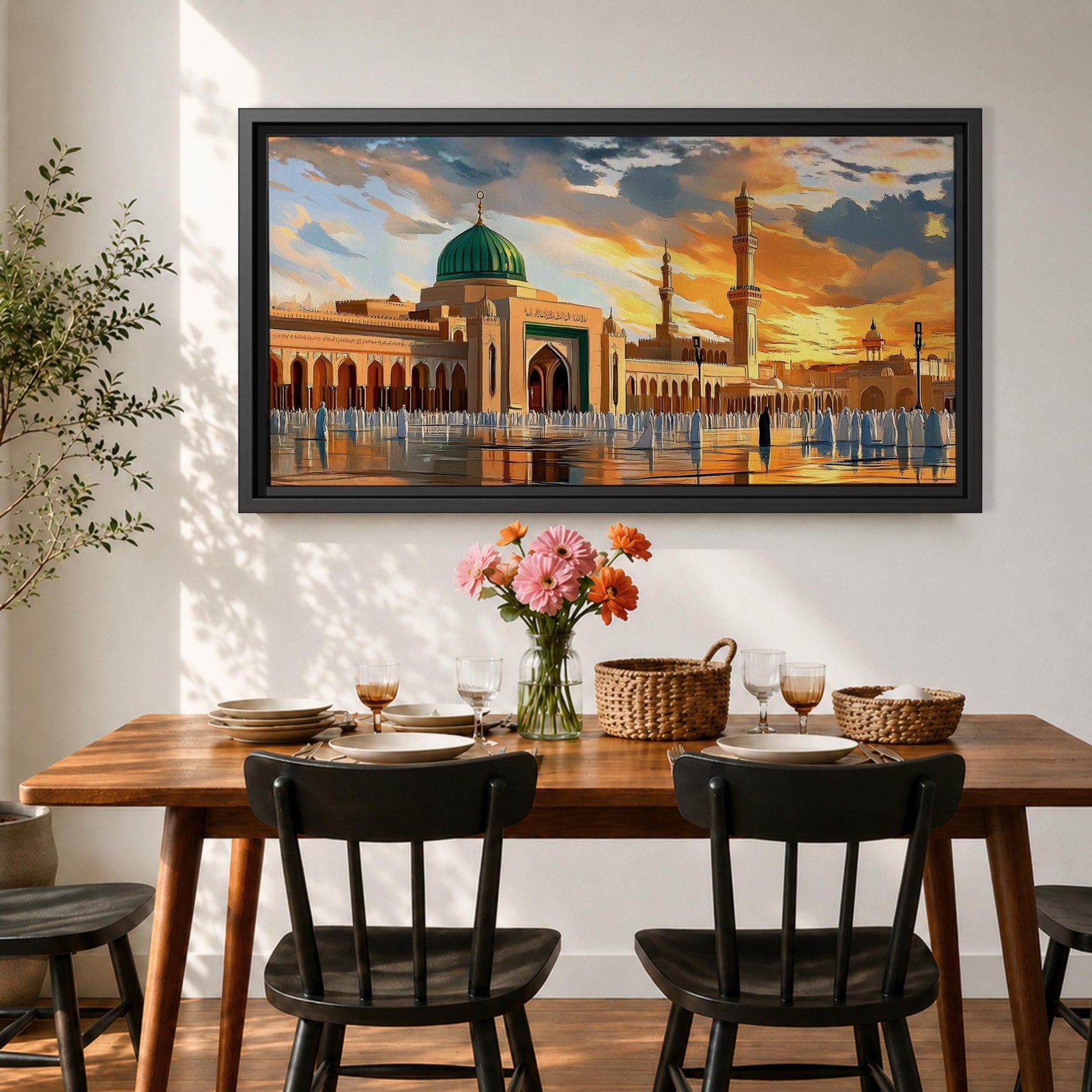 Panoramic painting of Al Masjid an Nabawi in Medina featuring the iconic green dome rising above the mosque courtyard with surrounding arcades and tall minarets. Pilgrims gather across the reflective marble plaza while dramatic sunset clouds illuminate the historic Islamic architecture.