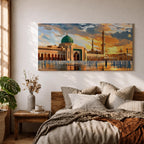 Panoramic painting of Al Masjid an Nabawi in Medina featuring the iconic green dome rising above the mosque courtyard with surrounding arcades and tall minarets. Pilgrims gather across the reflective marble plaza while dramatic sunset clouds illuminate the historic Islamic architecture.