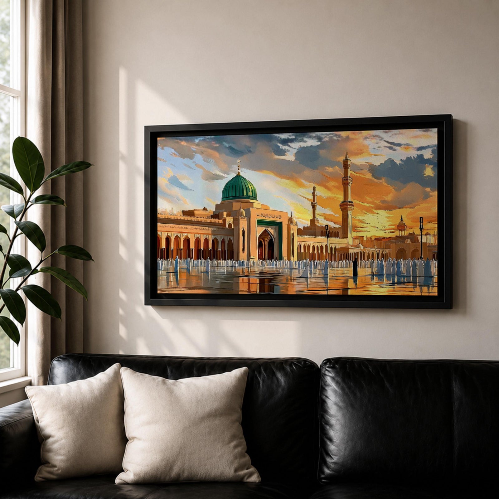 Panoramic painting of Al Masjid an Nabawi in Medina featuring the iconic green dome rising above the mosque courtyard with surrounding arcades and tall minarets. Pilgrims gather across the reflective marble plaza while dramatic sunset clouds illuminate the historic Islamic architecture.