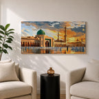 Panoramic painting of Al Masjid an Nabawi in Medina featuring the iconic green dome rising above the mosque courtyard with surrounding arcades and tall minarets. Pilgrims gather across the reflective marble plaza while dramatic sunset clouds illuminate the historic Islamic architecture.