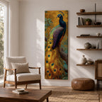 A tall, narrow vertical painting of a peacock perched on a branch, featuring richly detailed plumage in vibrant blue, green, gold, and purple tones, with a long flowing tail adorned with eye-like feather patterns, set against a warm golden background with textured foliage in a bold contemporary wildlife composition.