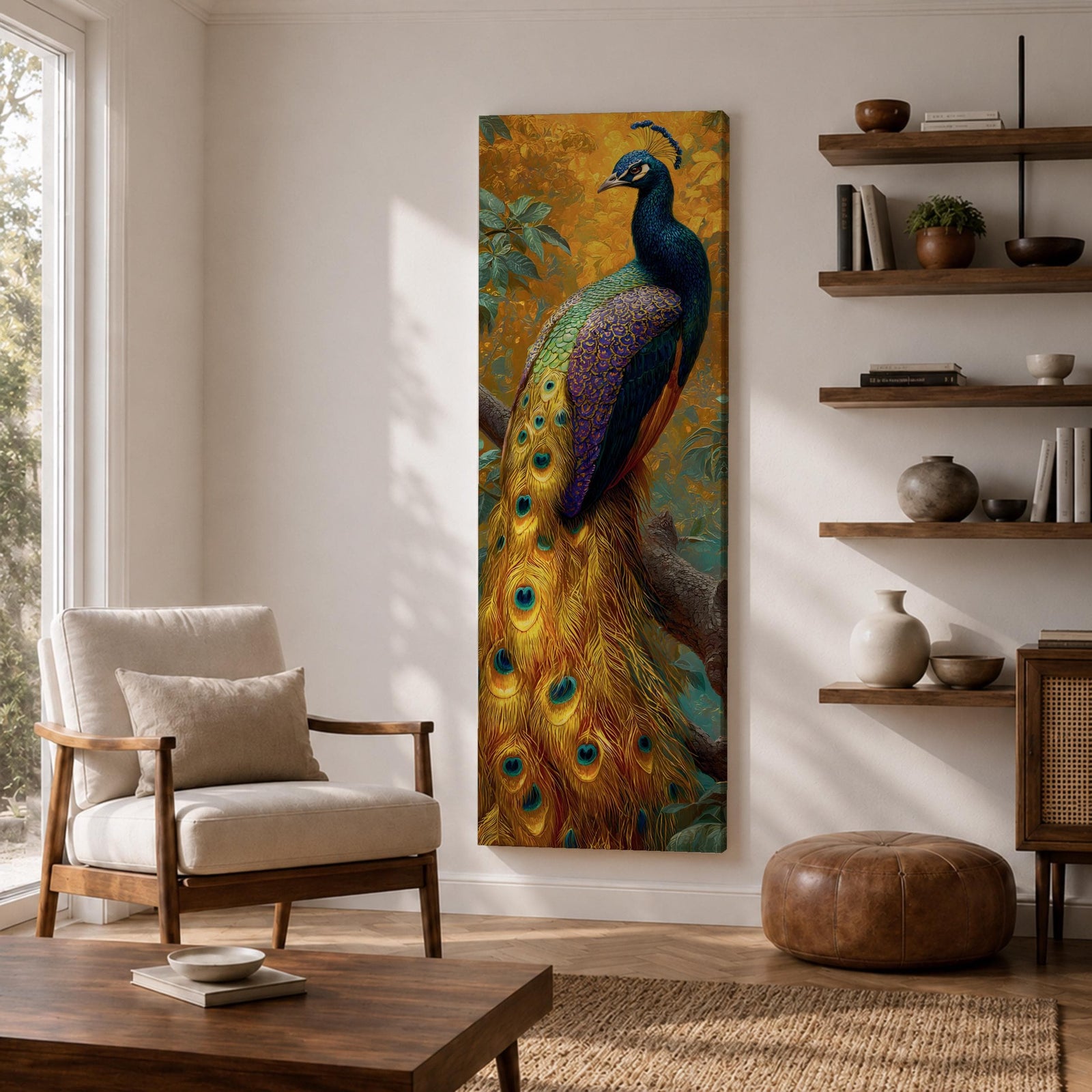 A tall, narrow vertical painting of a peacock perched on a branch, featuring richly detailed plumage in vibrant blue, green, gold, and purple tones, with a long flowing tail adorned with eye-like feather patterns, set against a warm golden background with textured foliage in a bold contemporary wildlife composition.