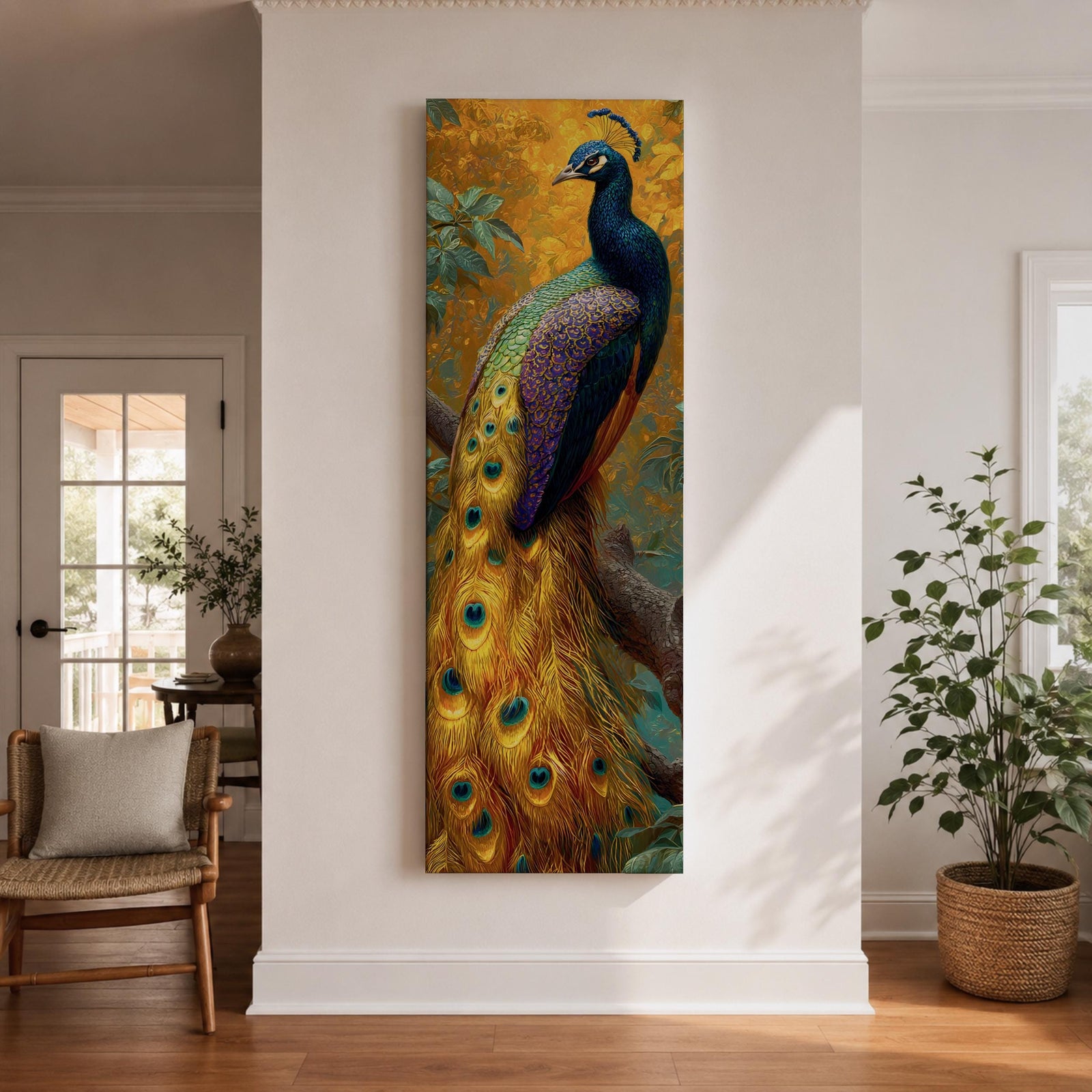 A tall, narrow vertical painting of a peacock perched on a branch, featuring richly detailed plumage in vibrant blue, green, gold, and purple tones, with a long flowing tail adorned with eye-like feather patterns, set against a warm golden background with textured foliage in a bold contemporary wildlife composition.