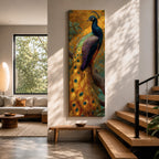 A tall, narrow vertical painting of a peacock perched on a branch, featuring richly detailed plumage in vibrant blue, green, gold, and purple tones, with a long flowing tail adorned with eye-like feather patterns, set against a warm golden background with textured foliage in a bold contemporary wildlife composition.