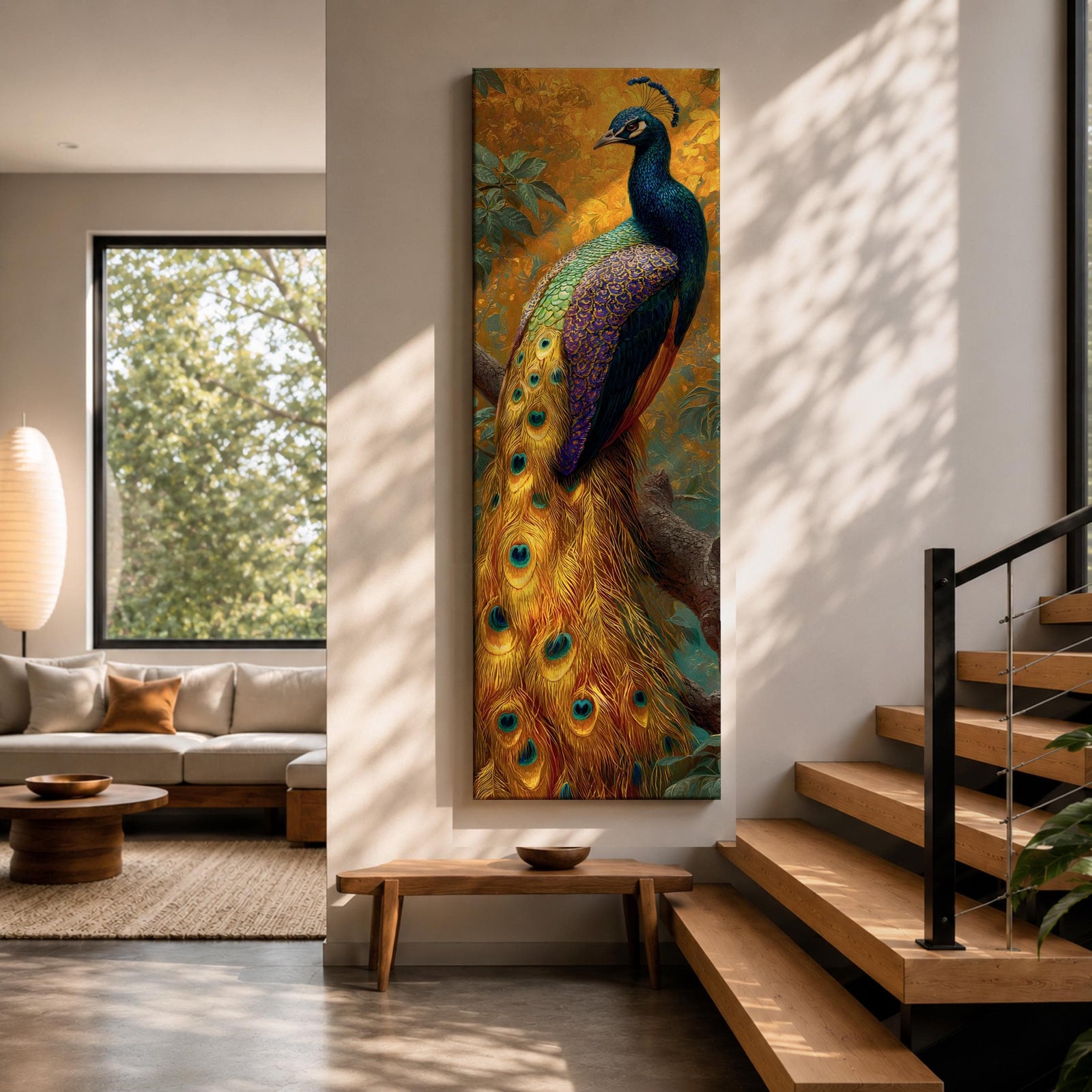 A tall, narrow vertical painting of a peacock perched on a branch, featuring richly detailed plumage in vibrant blue, green, gold, and purple tones, with a long flowing tail adorned with eye-like feather patterns, set against a warm golden background with textured foliage in a bold contemporary wildlife composition.