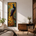 A tall, narrow vertical painting of a peacock perched on a branch, featuring richly detailed plumage in vibrant blue, green, gold, and purple tones, with a long flowing tail adorned with eye-like feather patterns, set against a warm golden background with textured foliage in a bold contemporary wildlife composition.